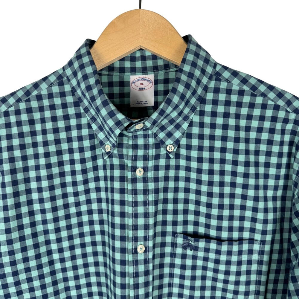 Brooks Brothers Mens XL Gingham Button Down Shirt Teal Navy Blue Cotton 1818
